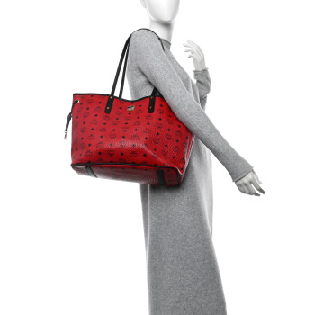 MCM Visetos Medium Project Reversible Shopper Tote Ruby Red Black