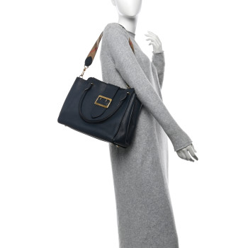 BURBERRY Soft Grain Calfskin Medium Buckle Tote Blue Carbon