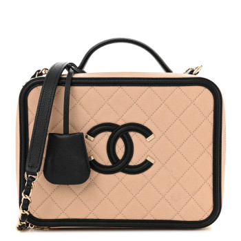 CHANEL Caviar Quilted Medium CC Filigree Vanity Case Beige Black