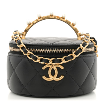 CHANEL Lambskin Pearl Crystal Quilted Pearly Girl Top Handle Round Vanity Case With Chain Black