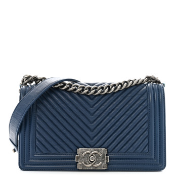 CHANEL Calfskin Chevron Quilted Medium Boy Flap Dark Navy Blue