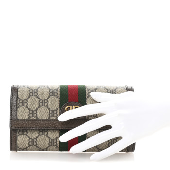 GUCCI X BALENCIAGA BB Supreme Monogram Textured Dollar Calfskin Web Ophidia Continental Wallet Beige Ebony New Acero