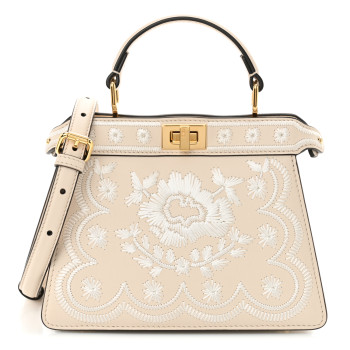 FENDI Vitello Seta Shiny Nappa Floral Embroidered Petite Peekaboo I SEE U Satchel Camelia White Ice