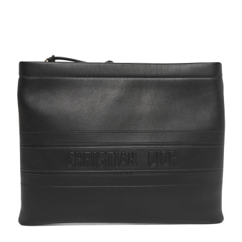 CHRISTIAN DIOR Calfskin Medium Diordouble Zip Pouch Black