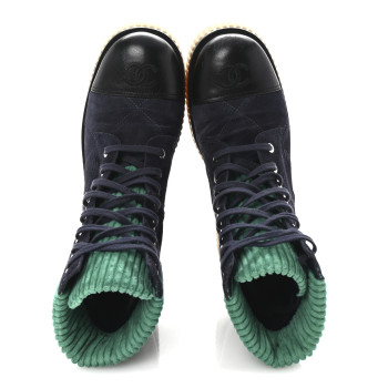 CHANEL Suede Calfskin Velvet Quilted CC Combat Boots 38.5 Navy Green Black