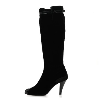 CHANEL Velvet Patent Cap Toe Knee High Boots 37.5 Black