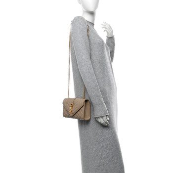 SAINT LAURENT Grain De Poudre Textured Mixed Matelasse Triquilt Small Monogram Satchel Dark Beige