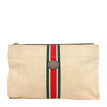 GUCCI Linen Heavy Canvas Textured Dollar Calfskin Web Interlocking G Pouch Beige Brown