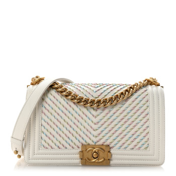CHANEL Calfskin Chevron Embroidered Medium Boy By The Sea Flap White
