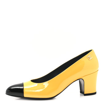 CHANEL Patent Calfskin Cap Toe CC Pumps 37.5 Black Yellow