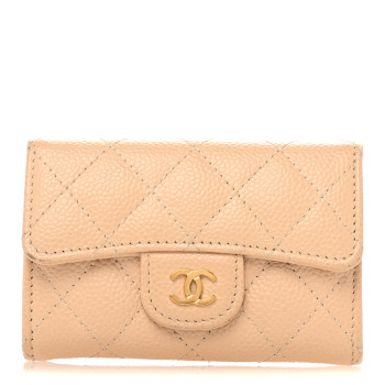 CHANEL Caviar Quilted Card Holder Wallet Beige