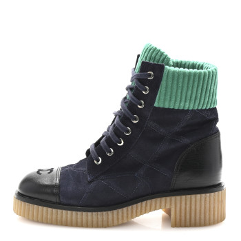 CHANEL Suede Calfskin Velvet Quilted CC Combat Boots 38.5 Navy Green Black