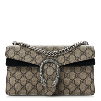 GUCCI GG Supreme Monogram Suede Crystal Small Dionysus Shoulder Bag Beige Ebony Black