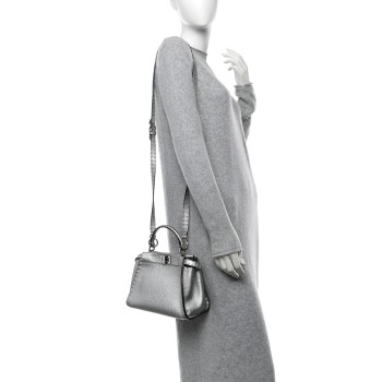 FENDI Cuoio Romano Lux Selleria Mini Peekaboo Iconic Satchel Argento