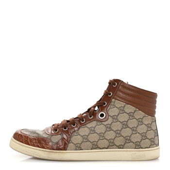 GUCCI GG Plus Monogram Calfskin Crocodile Embossed Mens Coda High Top Sneakers 10.5 Brown