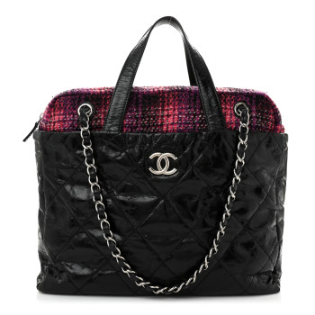 CHANEL Glazed Calfskin Quilted Tweed Portobello Tote Black Pink