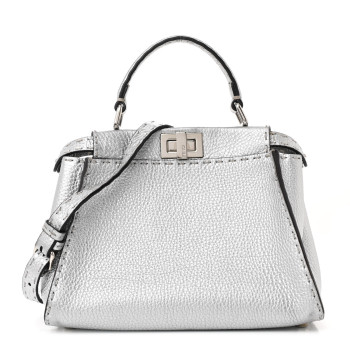 FENDI Cuoio Romano Lux Selleria Mini Peekaboo Iconic Satchel Argento