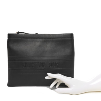 CHRISTIAN DIOR Calfskin Medium Diordouble Zip Pouch Black