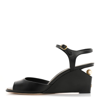 CHANEL Lambskin Pearl CC Wedge Sandals 40 Black