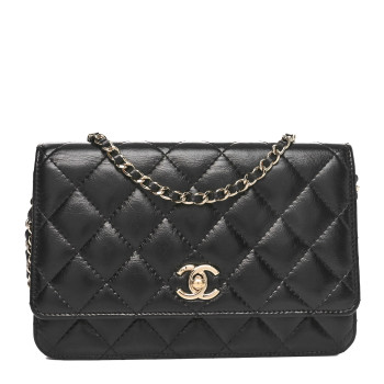 CHANEL Shiny Aged Calfskin Enamel Logo Quilted Wallet On Chain WOC Black