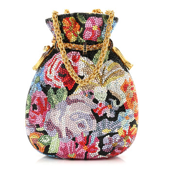 JUDITH LEIBER Swarovski Crystal Floral Minaudiere Clutch Gold Multicolor