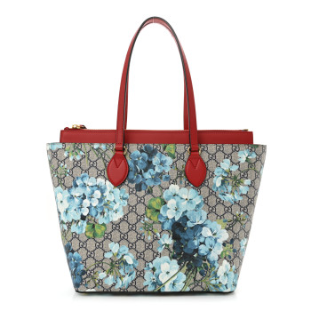 GUCCI GG Supreme Monogram Blooms Medium Zippered Bucket Tote Beige Blue Navy Hibiscus Red