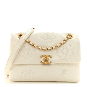 CHANEL Crumbled Calfskin Embossed Flap White