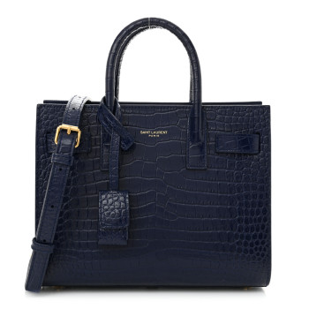 SAINT LAURENT Calfskin Crocodile Embossed Nano Sac De Jour Saphir