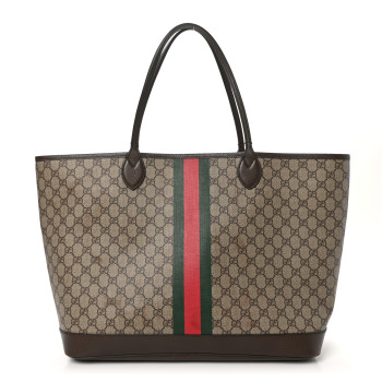 GUCCI GG Supreme Monogram Textured Dollar Calfskin Web Large Ophidia Tote Beige Ebony New Acero