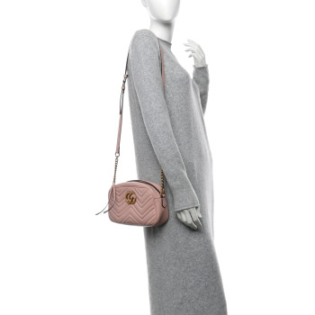 GUCCI Calfskin Matelasse Small GG Marmont Chain Shoulder Bag Perfect Pink