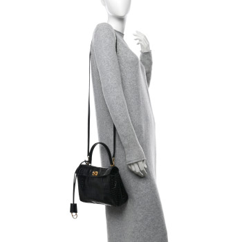 BALENCIAGA Shiny Calfskin Crocodile Embossed Mini Rodeo Top Handle Handbag Black