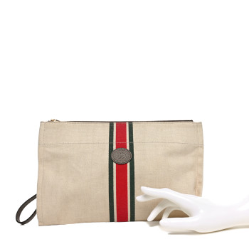 GUCCI Linen Heavy Canvas Textured Dollar Calfskin Web Interlocking G Pouch Beige Brown