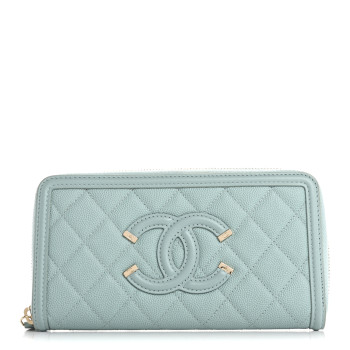 CHANEL Caviar Quilted Large Filigree Zip Around Wallet Blue