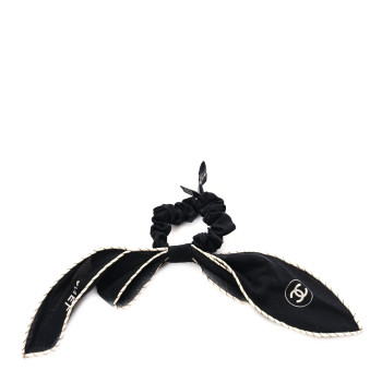 CHANEL Silk CC Bow Hair Tie Black Ecru