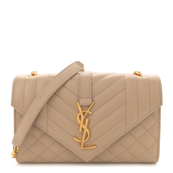 SAINT LAURENT Grain De Poudre Textured Mixed Matelasse Triquilt Small Monogram Satchel Dark Beige