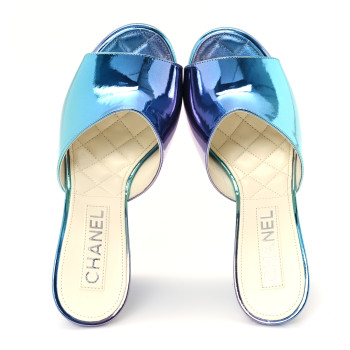 CHANEL Laminated Calfskin Wedge Mules 38 Blue Purple