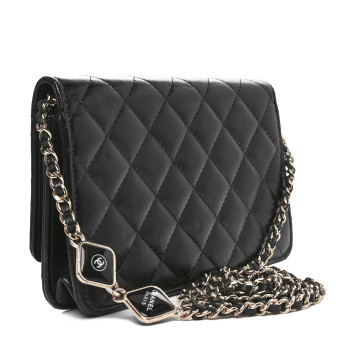 CHANEL Shiny Aged Calfskin Enamel Logo Quilted Wallet On Chain WOC Black