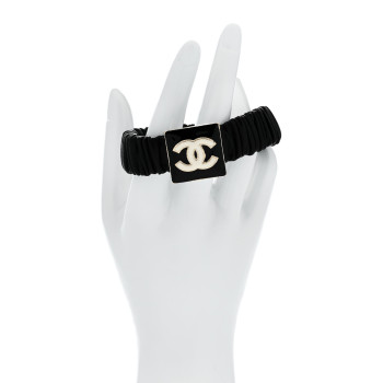 CHANEL Lambskin Metal Enamel CC Hair Tie Black Gold