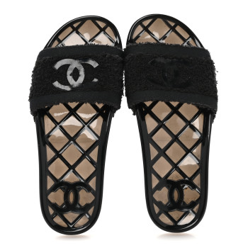 CHANEL PVC Fabric CC Flat Slide Sandals 39 Black