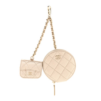 CHANEL Metallic Lambskin Quilted Round Clip On Coin Purse Airpods Case Gold