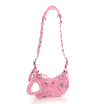 BALENCIAGA Washed Frayed Denim Crystal Le Cagole Shoulder Bag XS Denim Pink