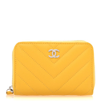 CHANEL Caviar Chevron Quilted Zip Coin Purse Yellow