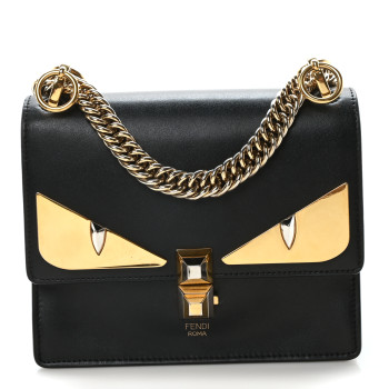 FENDI Vitello Liberty Metal Monster Eyes Small Kan I Shoulder Bag Black Gold