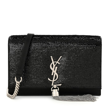 SAINT LAURENT Satin Sequins Classic Monogram Kate Tassel Chain Wallet Black