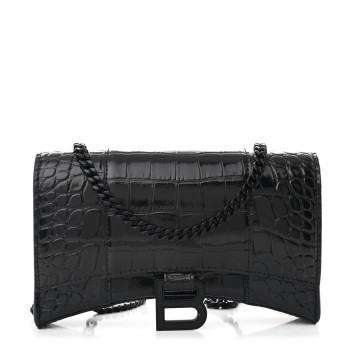 BALENCIAGA Shiny Calfskin Monochrome Crocodile Embossed Hourglass Chain Bag Black