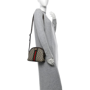 GUCCI GG Supreme Monogram Textured Dollar Calfskin Web Small Ophidia Dome Shoulder Bag Beige Ebony New Acero
