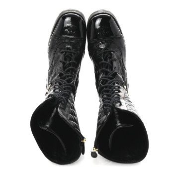 CHANEL Shiny Calfskin Patent Quilted Chain Lace Up Combat Long Boots 38.5 Black