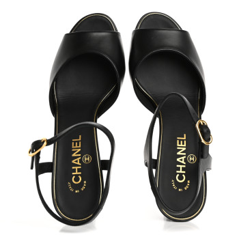 CHANEL Lambskin Pearl CC Wedge Sandals 40 Black