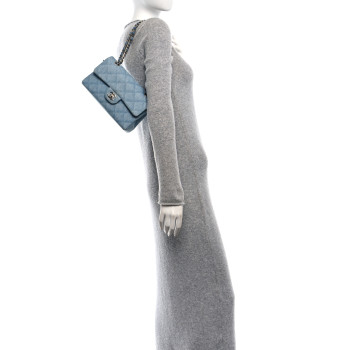 CHANEL Printed Denim Quilted Mini Rectangular Flap Light Blue
