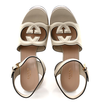 GUCCI Cosmos Softy Calfskin Wooden Interlocking G Cut-Out 30/120mm Platform Sandals 39 Mystic White